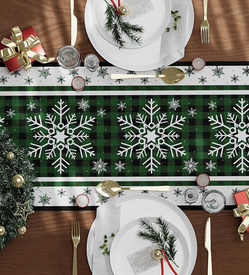 Christmas Table Runner Snowflakes Christmas Decorations with Red Buffalo