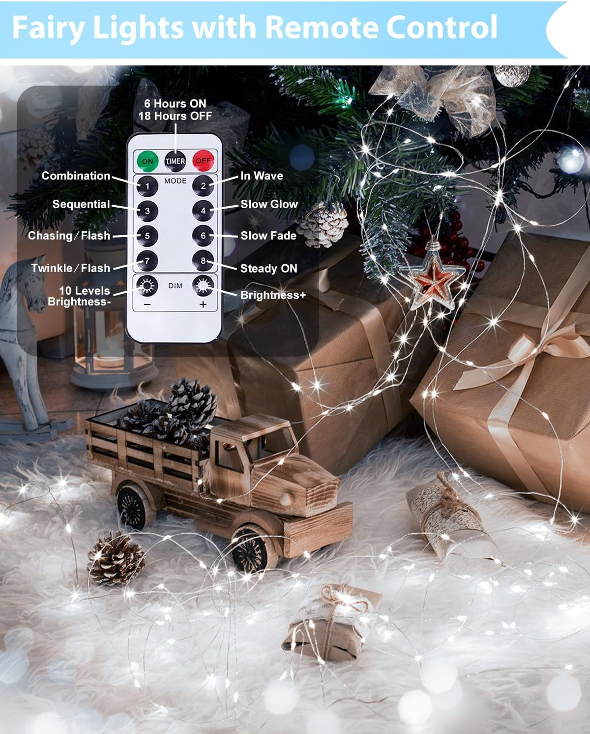 2 Pack 100 LED Fairy Lights Battery Operated with Remote, 33 FT Cool White