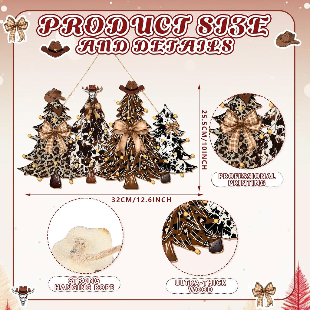 Christmas Door Decorations Western Christmas Wreath for Front Door with Large Bows and Cowboy Hat Wooden Cowboy Xmas Tree Hanging Signs Xmas Sign Indoor for Home Outdoor Porch Window Wall Decor