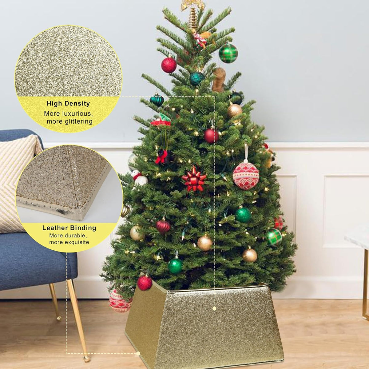 Fabric Christmas Tree Collar, Square Christmas Tree Ring, Glittering Willow Christmas Tree Skirt for Christmas Tree Decorations (Glitter Gold)