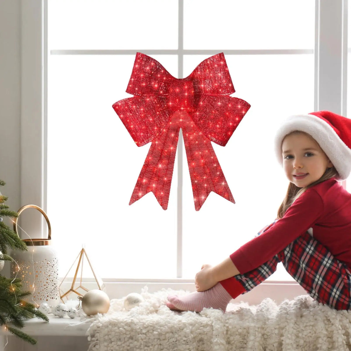 Christmas Wreath Bow 60Cm Lighted Red Ornaments Door Wreath Holiday Garland for Winter Home Porch Christmas Decoration