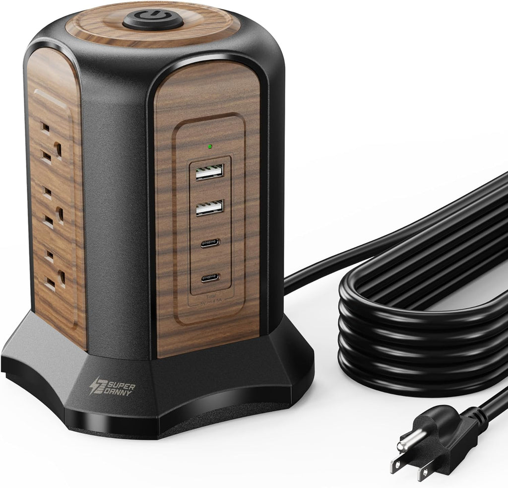 Power Strip Tower, Desktop Charging Station,10 Ft Extension Cord | 1080J Surge Protector, 9 Outlets 4 USB Ports (2 USB C), Flat Plug Power Tower with Multiple Outlets, Home, Office, Dorm,Brown