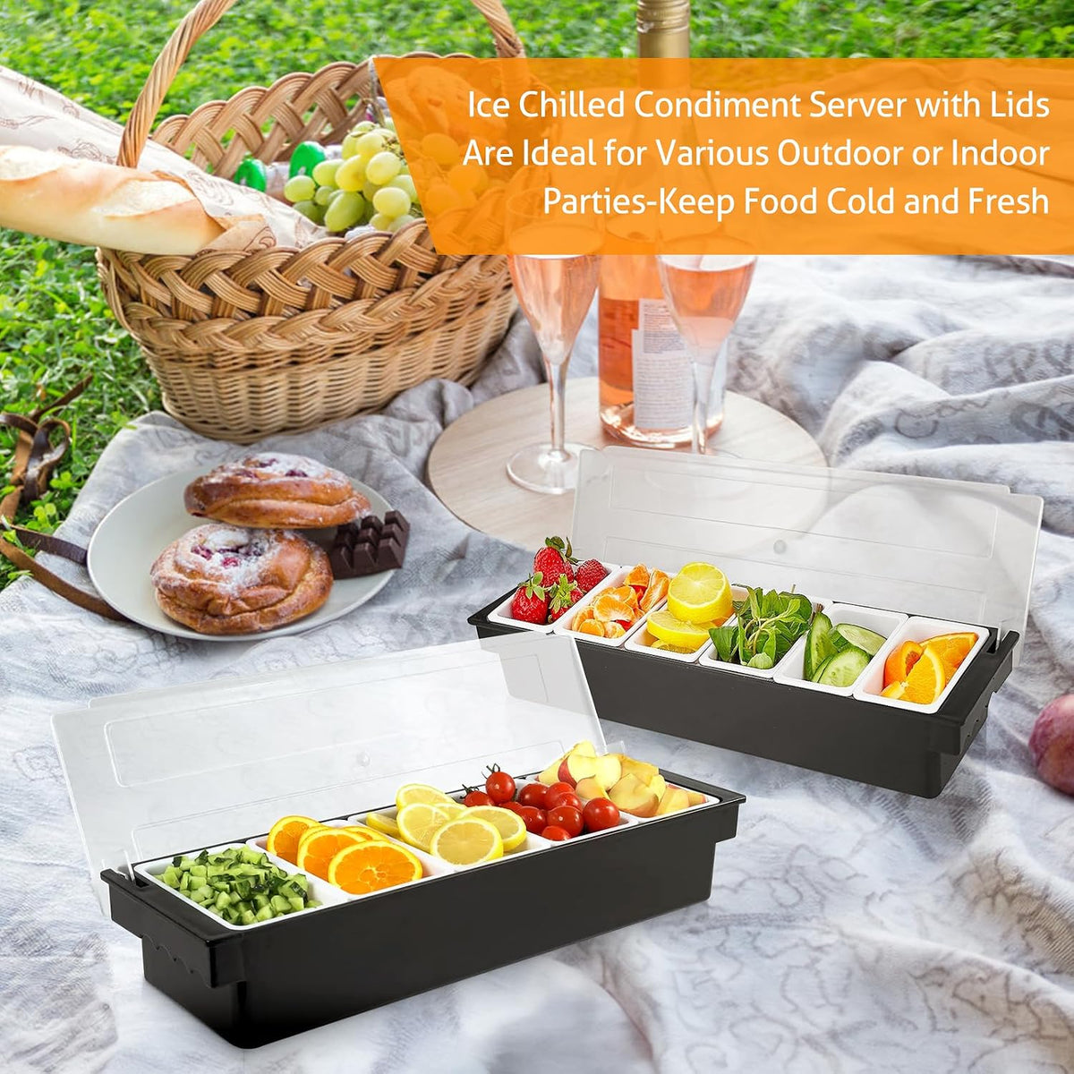 Ice Chilled Condiment Caddy with 5 Removable Trays and Lid, 2 Pack