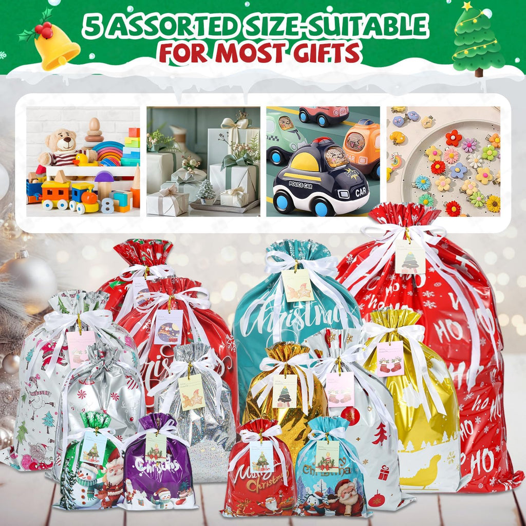 38PCS Christmas Gift Bags, Holiday Gift Bags Set with Tags, Christmas Drawstring Bags with Festive Patterns，Jumbo/Extra Large/Large/Medium/Small Size