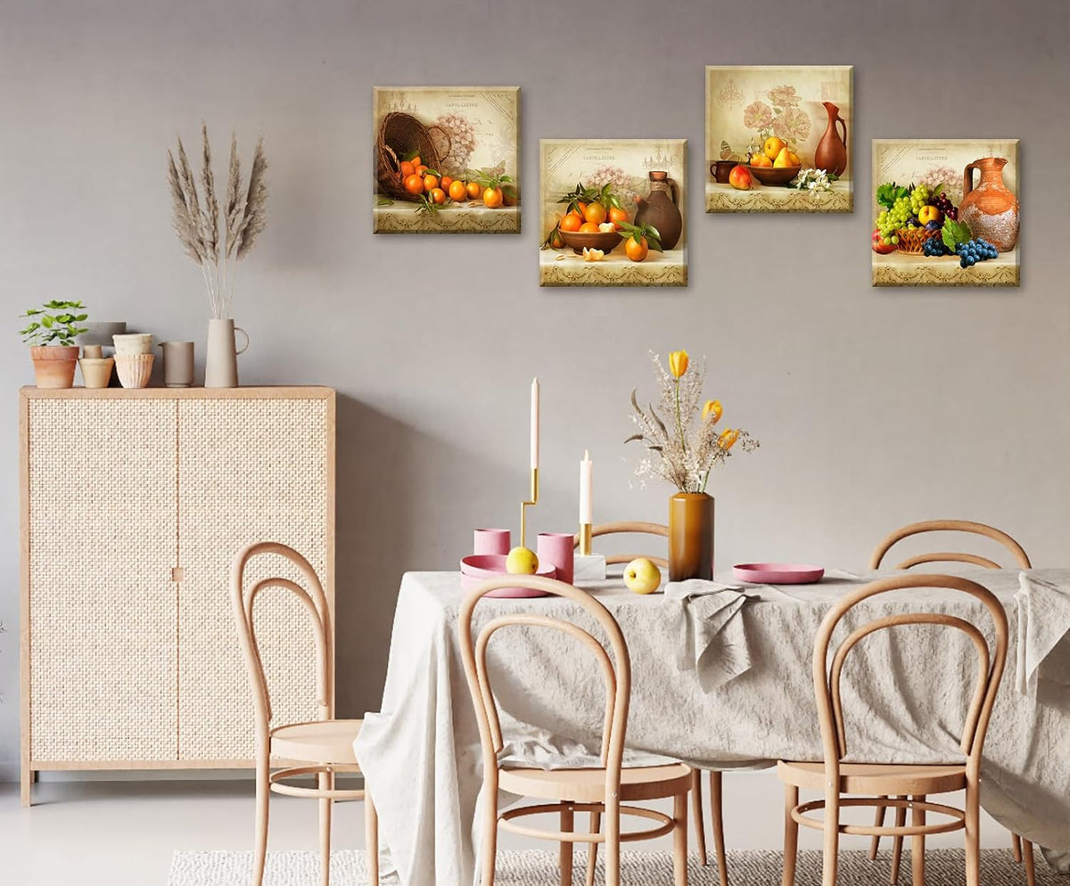 Vintage Fruit Canvas Wall Art Decor, 4-Piece Rustic Kitchen Set 12X12In | Fade-Resistant Waterproof Canvas,Solid Wood Inner Frame,Pre-Installed Hooks,Seamless Nails Included,Easy Wipe-Clean Surface