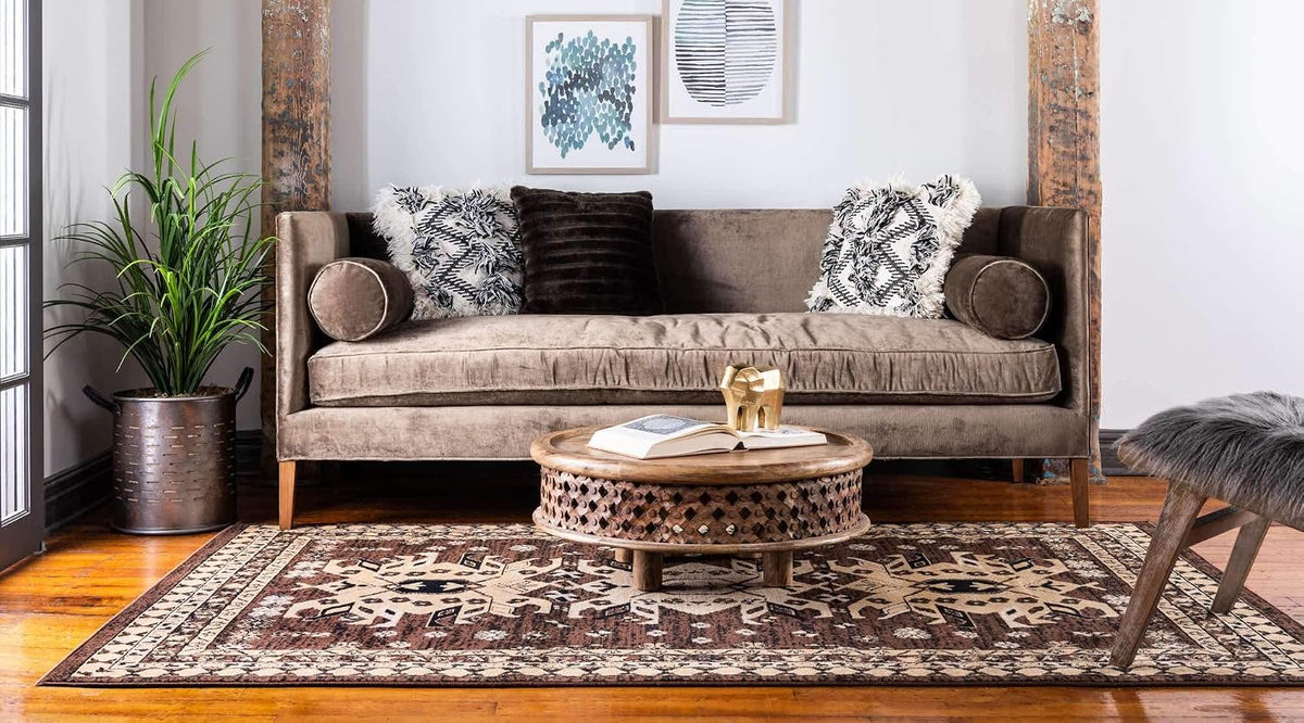Taftan Collection Border Geometric Tribal Inspired Design Area Rug (2' 2 X 3' 0 Rectangular, Brown/Tan)