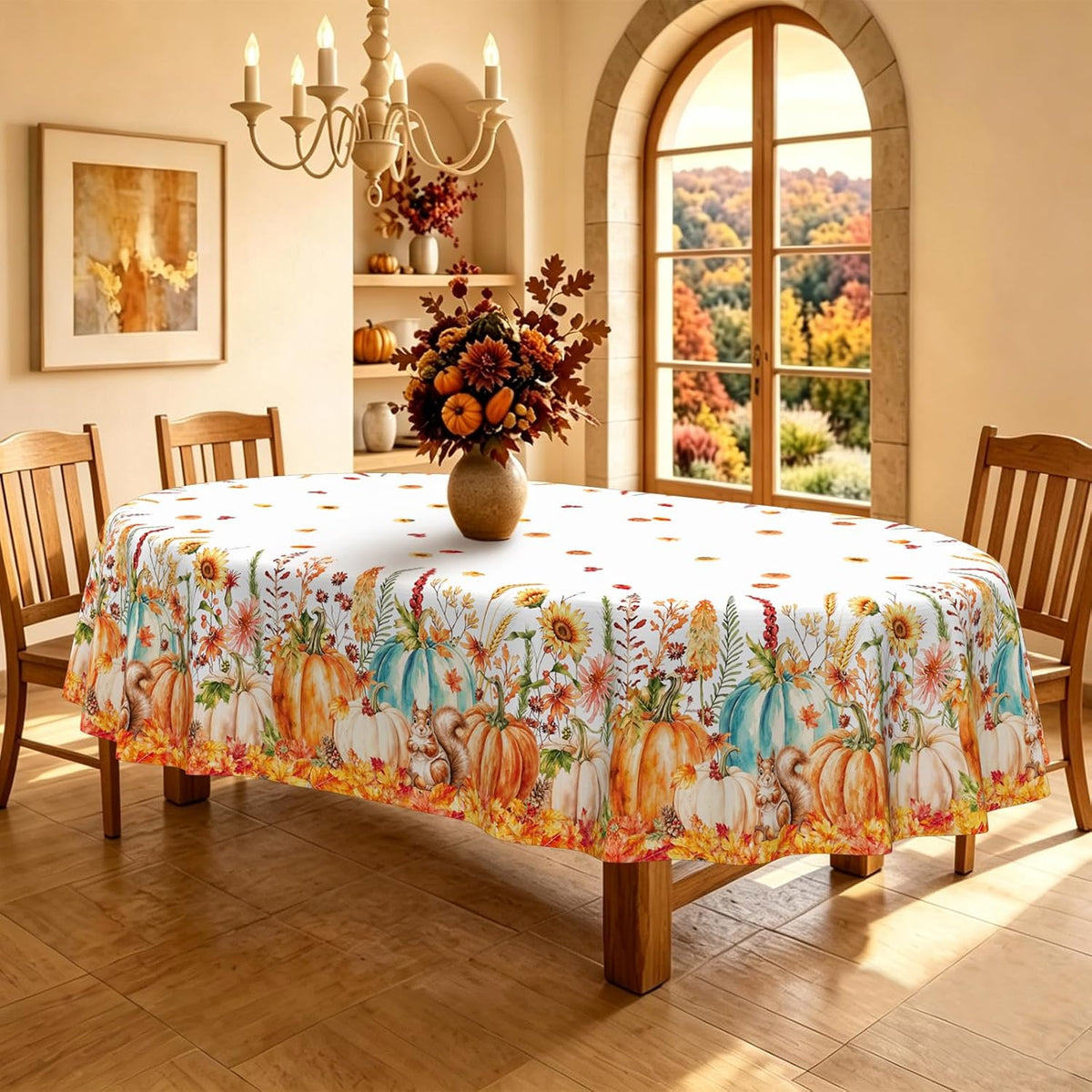 Fall Tablecloth Autumn Pumpkin Squirrel Sunflower Maple Leaves Tablecloths Oval 60X84 Inch Table Cover for Dinning Table Decorations