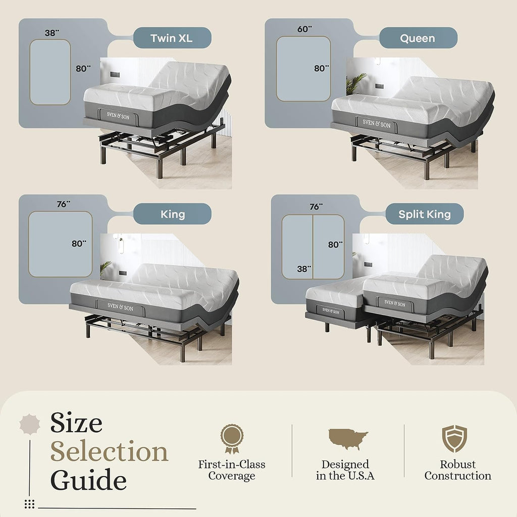 Sven & Son Harmony Adjustable Bed Base, Head and Foot Lift, Massage, Under-Bed Lights, USB, Gel Memory, Zero Gravity Smart Frame - Twin XL + 14 Inch Hybrid Spring Matt (Medium Soft)