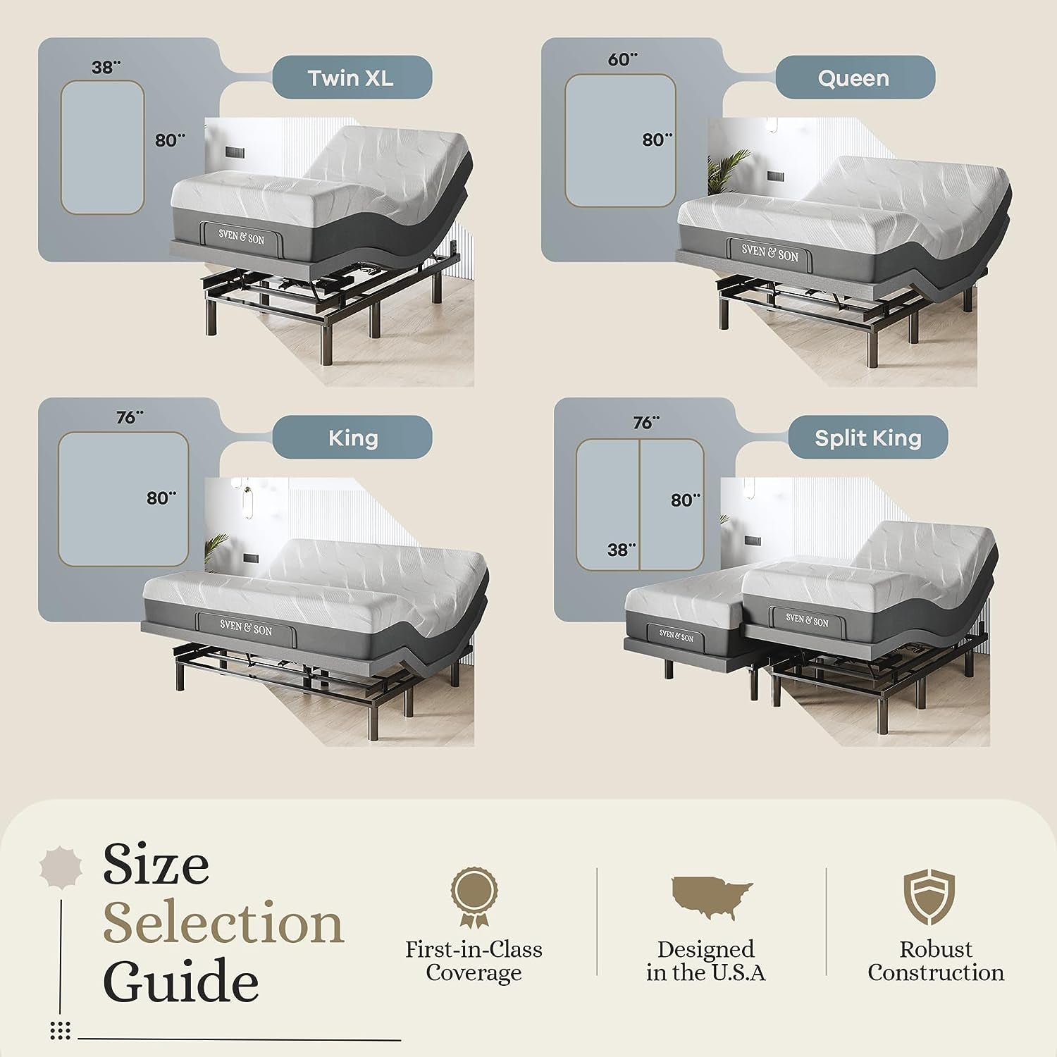 Sven & Son Harmony Adjustable Bed Base, Head and Foot Lift, Massage, Under-Bed Lights, USB, Gel Memory, Zero Gravity Smart Frame - Twin XL + 14 Inch Hybrid Spring Matt (Medium Soft)
