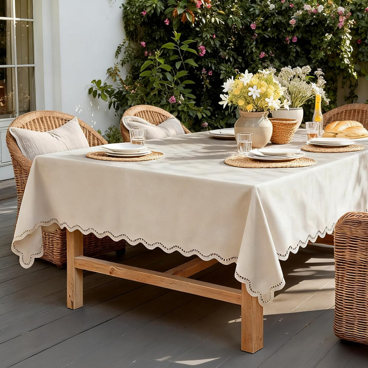 Beige Rectangle Tablecloth Scalloped Cutouts Waterproof Table Cover 55X84