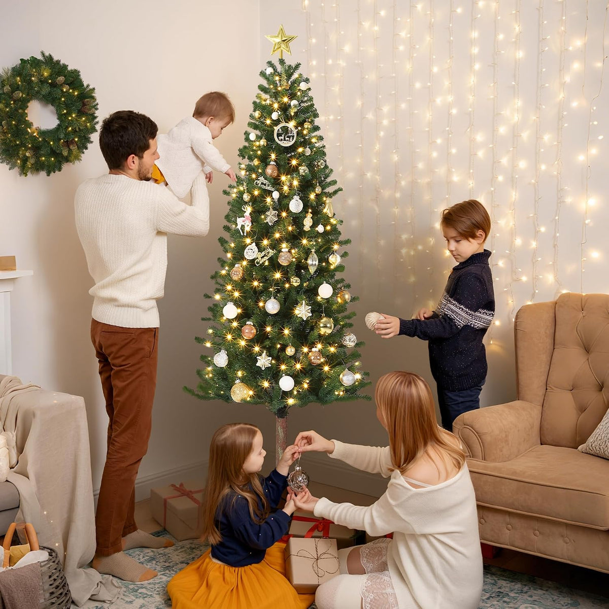 6FT Pre-Lit Pencil Christmas Tree, Artificial Slim Christmas Tree with LED Warm White Lights & Metal Stand,Realistic Xmas Tree Holiday Party Decoration for Indoor and Outdoor Use