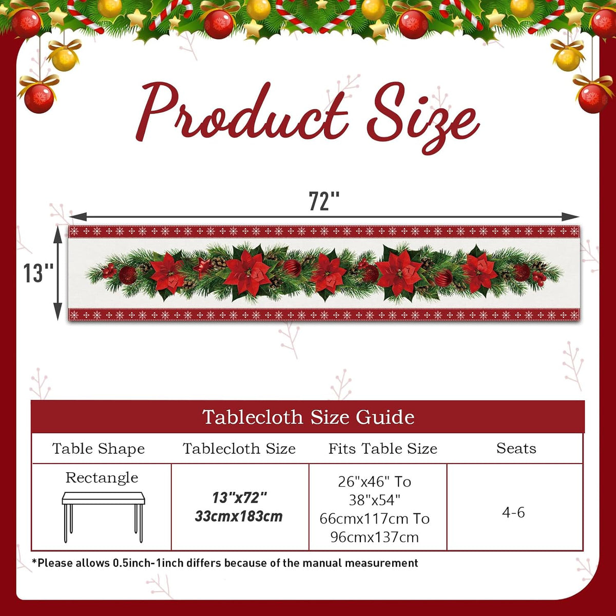 Watercolor Poinsettia Red Christmas Table Runner 13 X 72 Inch