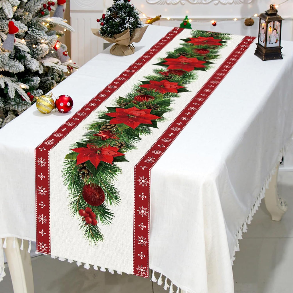 Watercolor Poinsettia Red Christmas Table Runner 13 X 72 Inch
