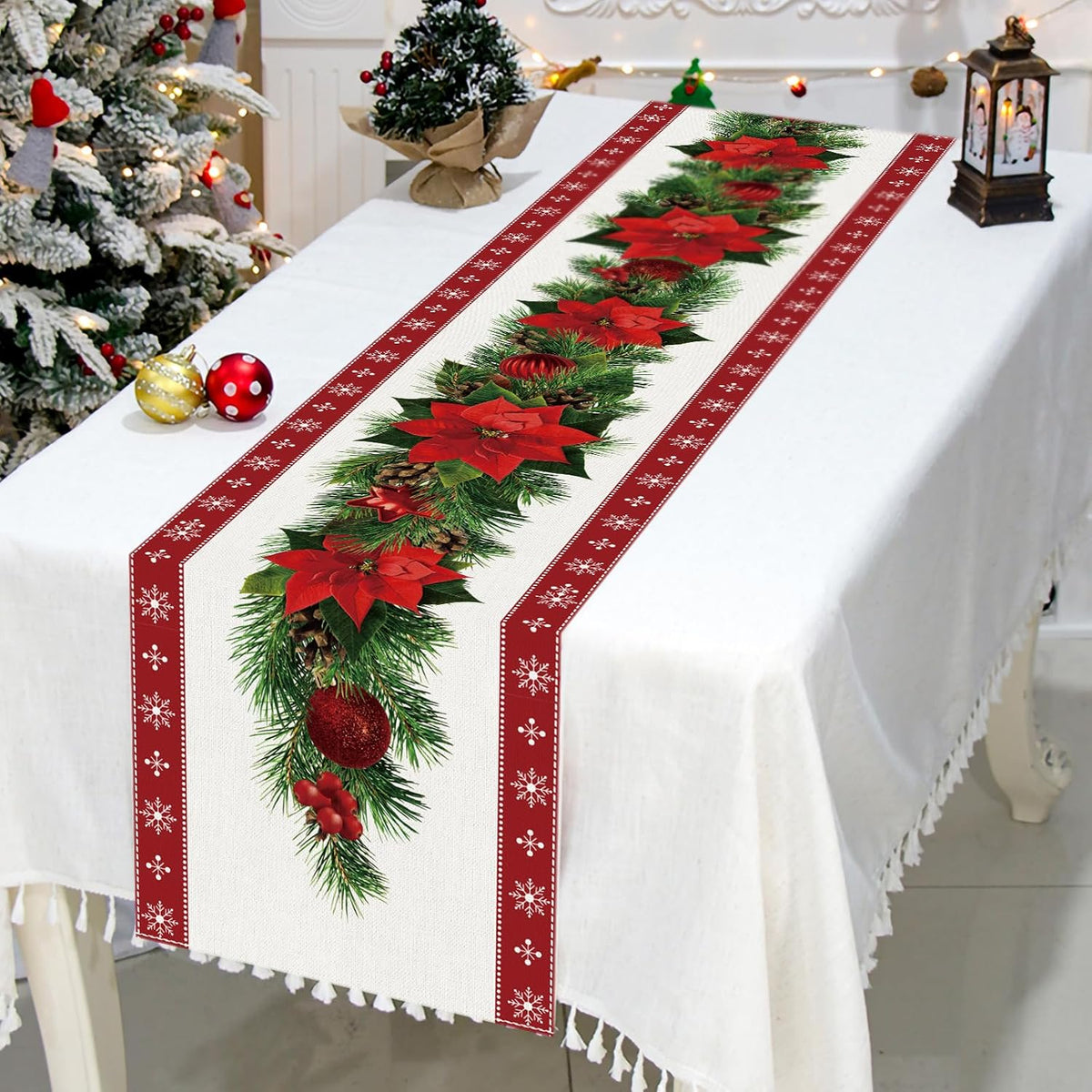 Watercolor Poinsettia Red Christmas Table Runner 13 X 72 Inch