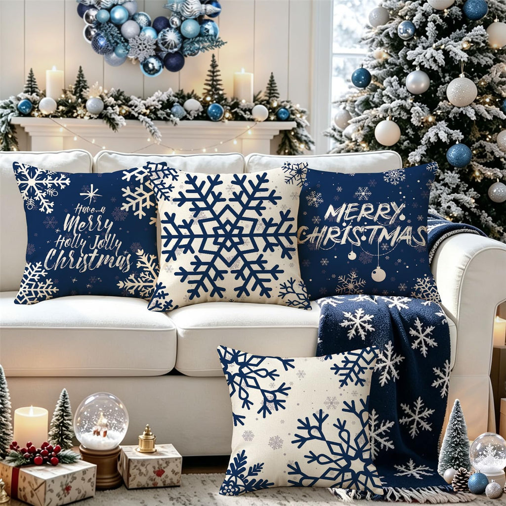 Blue Merry Christmas Snowflake Pillow Covers 16X16 Inch Set of 4