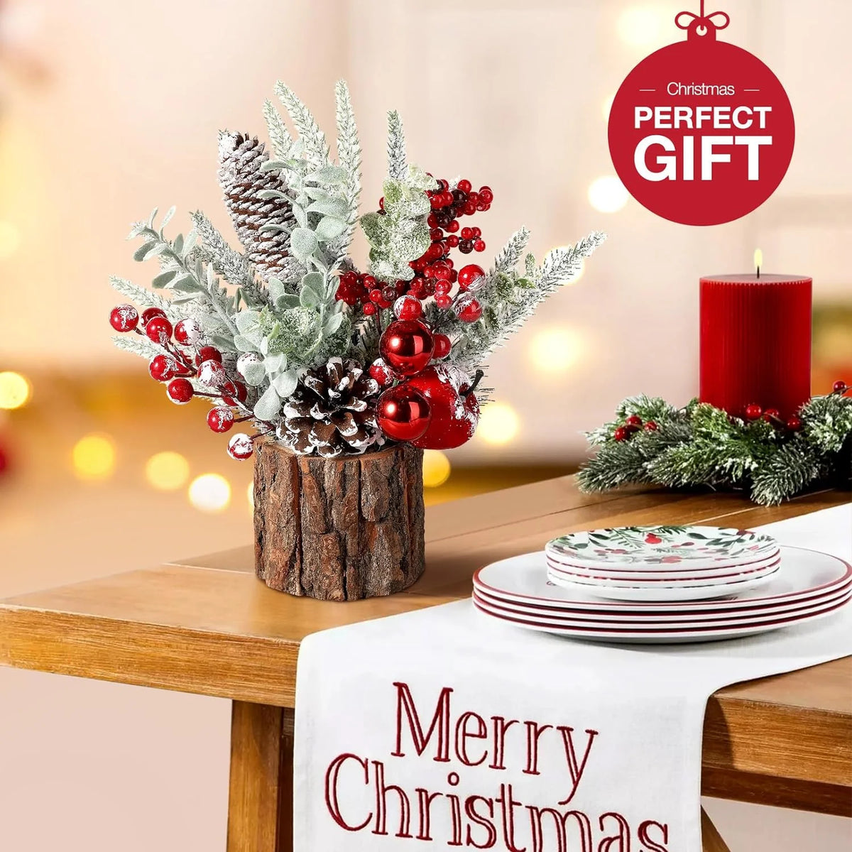2Pack Small Christmas Tree with Christmas Ornaments Pine Cone Berry, Small Xmas Tree for Christmas Decorations Indoor Outdoor(Red-Round)