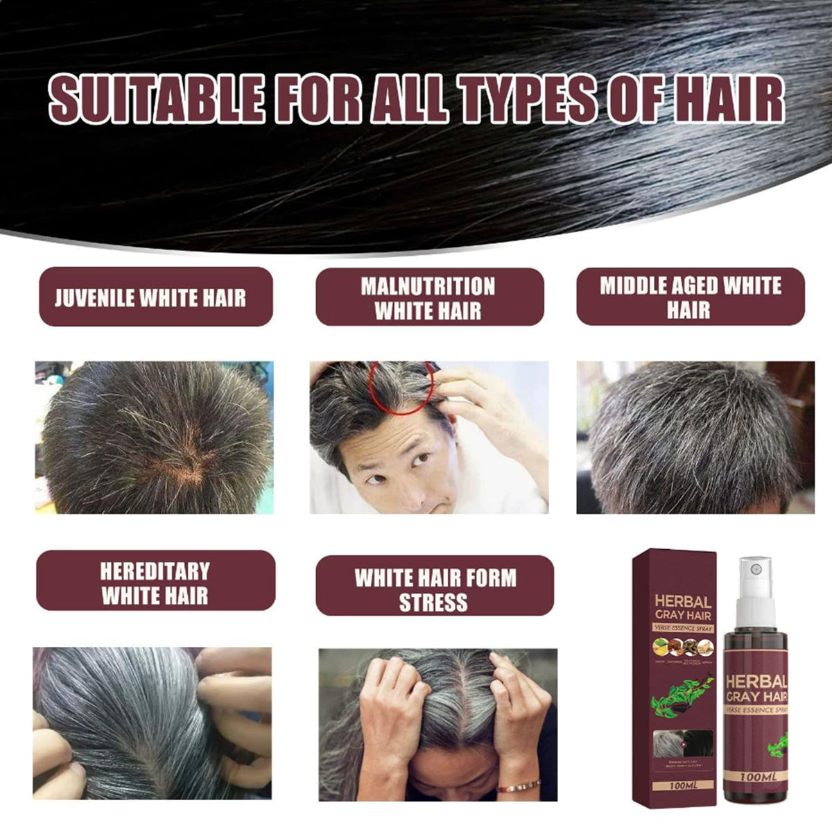 2Pcs Herbal Essence Hair Spray,Gray Hair Verse Essence Spray,Hair Darkening Conditioner,Reverse Grey Hair,Hair Coloring Essence for 4 Weeks Gradual Results(100Ml)