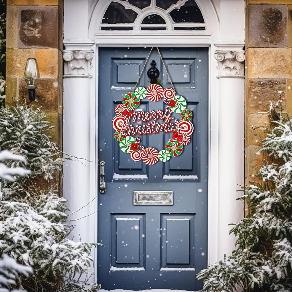 Christmas Wreath Sign for Front Door, Wooden Candy Hanger Decoration