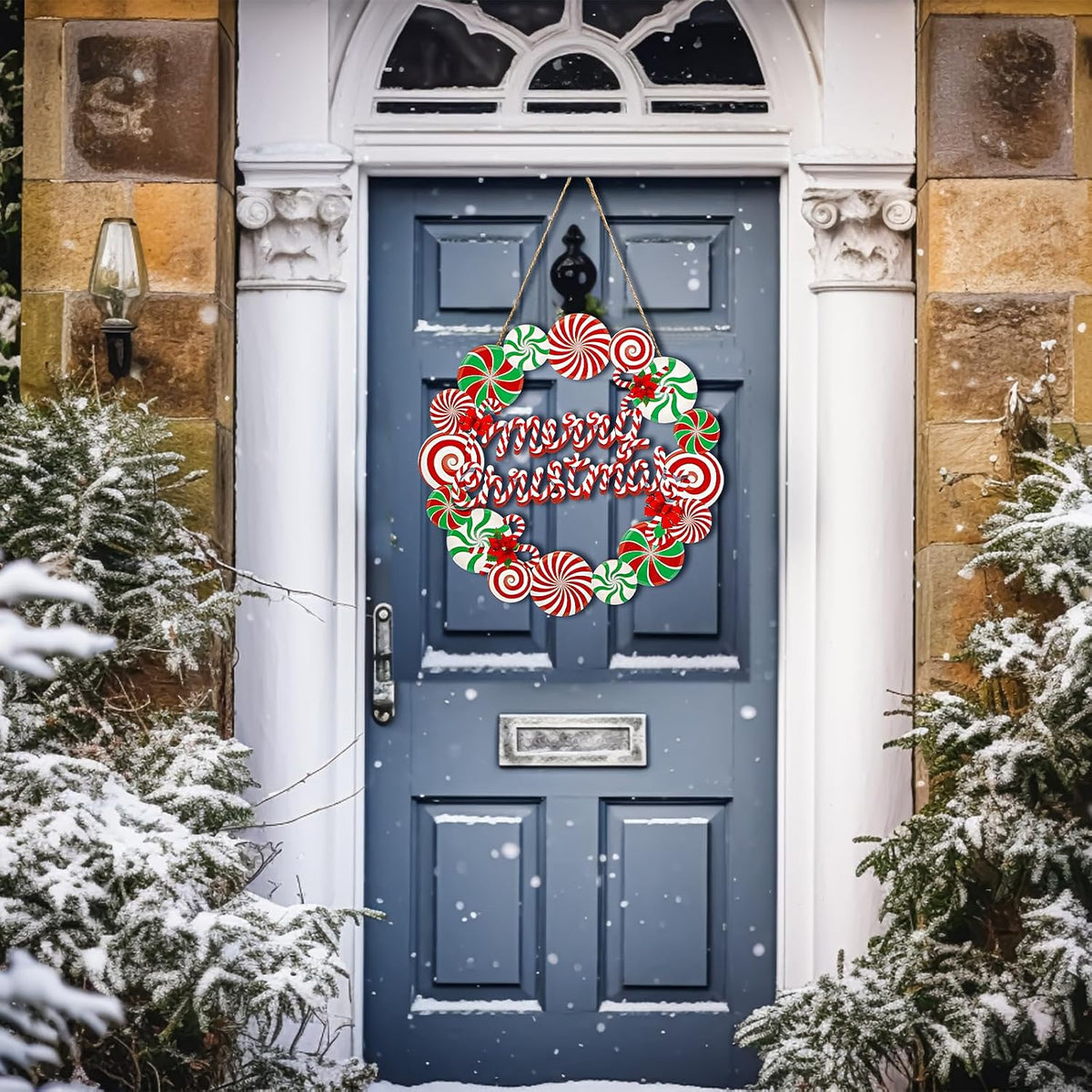 Christmas Wreath Sign for Front Door, Wooden Candy Hanger Decoration