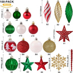 100Ct Christmas Ball Ornaments Set - Assorted Shatterproof Hanging Tree Ornament Set with Reusable Hand-Held Gift Package for Xmas Tree Holiday Party and Home Decor (Green and Red)
