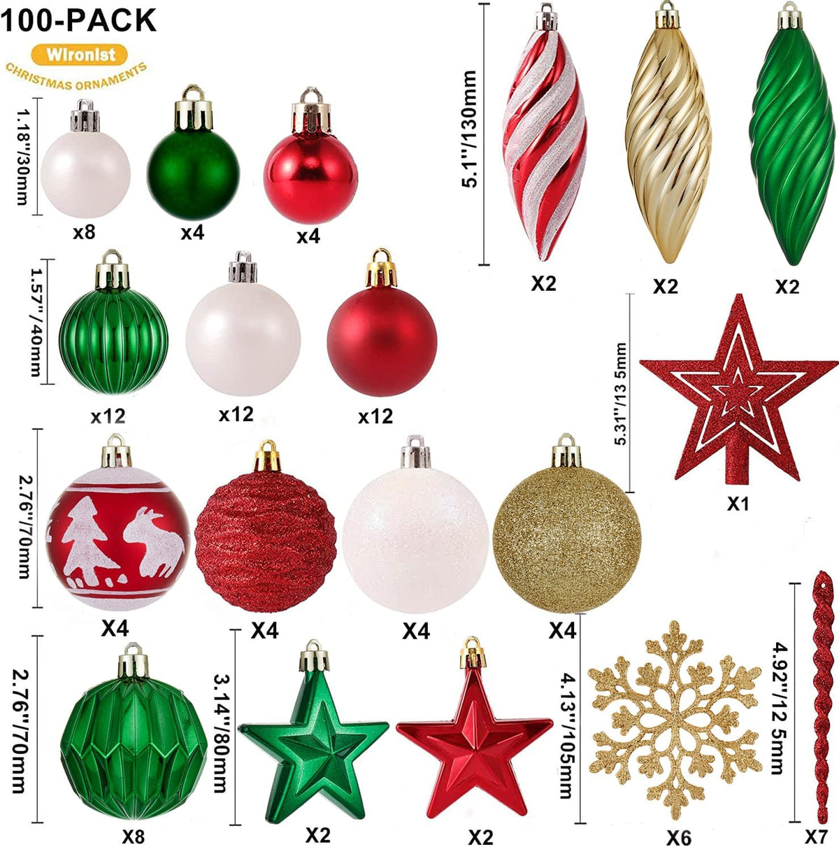 100Ct Christmas Ball Ornaments Set - Assorted Shatterproof Hanging Tree Ornament Set with Reusable Hand-Held Gift Package for Xmas Tree Holiday Party and Home Decor (Green and Red)