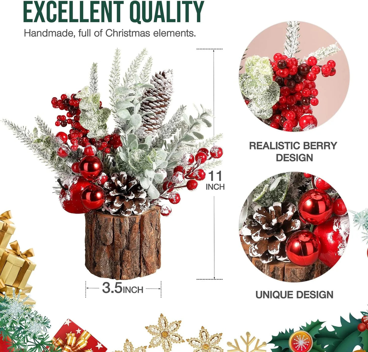 2Pack Small Christmas Tree with Christmas Ornaments Pine Cone Berry, Small Xmas Tree for Christmas Decorations Indoor Outdoor(Red-Round)