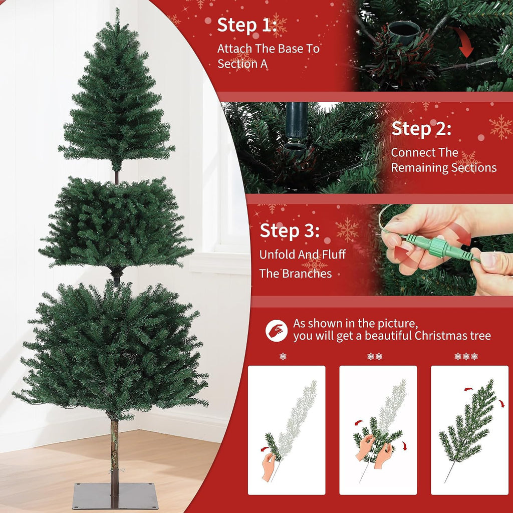6FT Pre-Lit Pencil Christmas Tree, Artificial Slim Christmas Tree with LED Warm White Lights & Metal Stand,Realistic Xmas Tree Holiday Party Decoration for Indoor and Outdoor Use