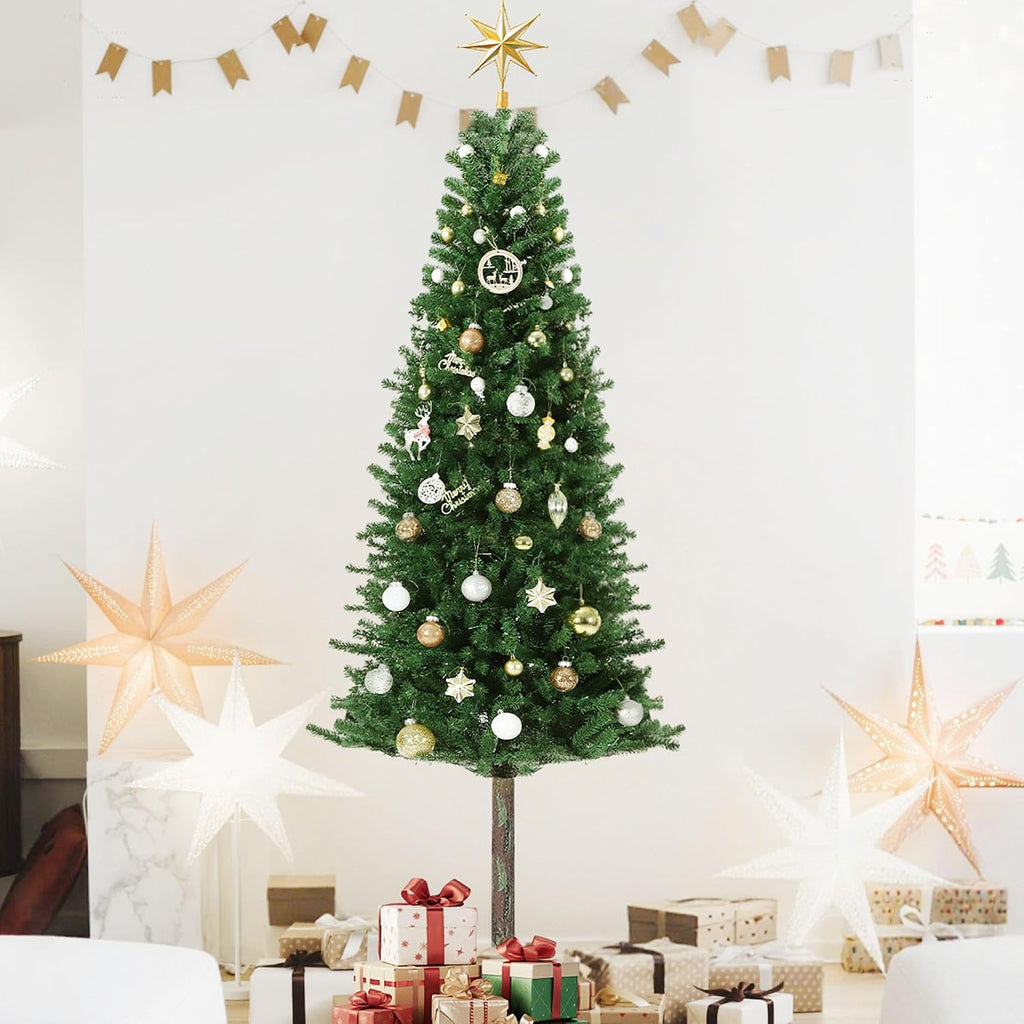 6FT Pre-Lit Pencil Christmas Tree, Artificial Slim Christmas Tree with LED Warm White Lights & Metal Stand,Realistic Xmas Tree Holiday Party Decoration for Indoor and Outdoor Use