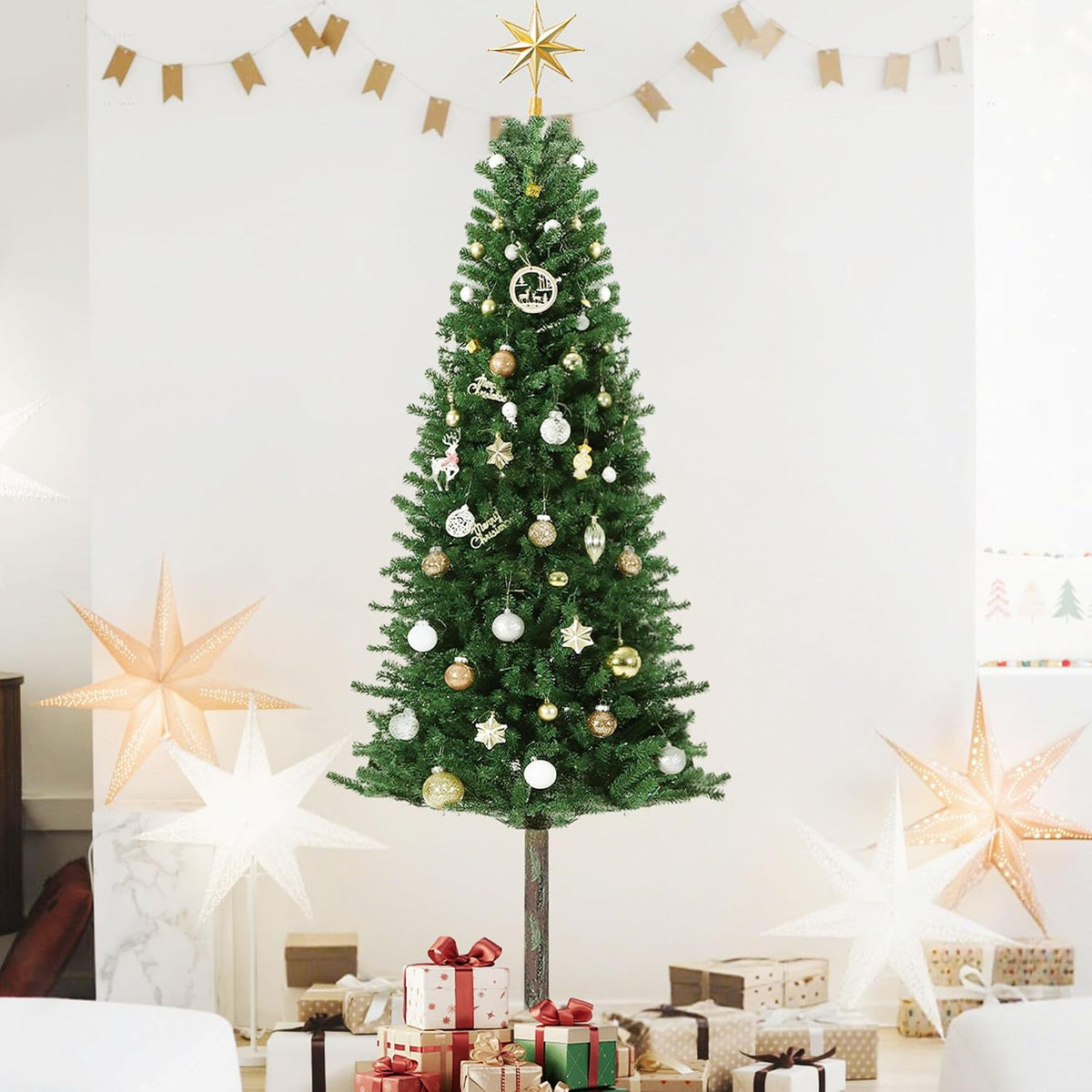 6FT Pre-Lit Pencil Christmas Tree, Artificial Slim Christmas Tree with LED Warm White Lights & Metal Stand,Realistic Xmas Tree Holiday Party Decoration for Indoor and Outdoor Use