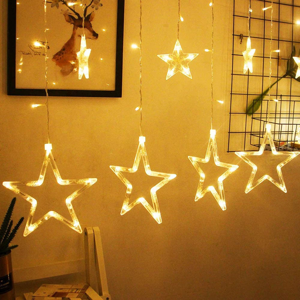 2.5M 138LED Star String Light Waterproof 8Modes Warm White Curtain Lights for Ramadan Party Bedroom Wedding Christmas Decoration