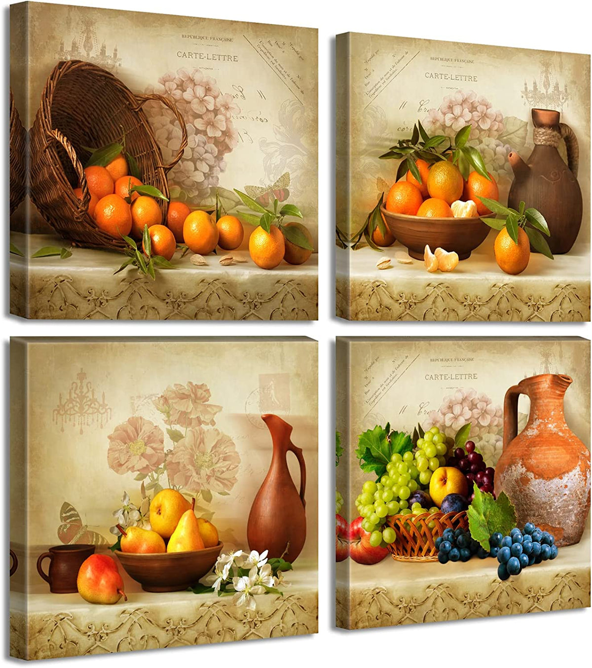 Vintage Fruit Canvas Wall Art, 4 Piece Kitchen Set