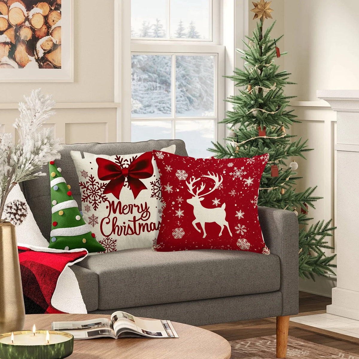 Christmas Pillow Covers 18X18 Inch Set of 4 Farmhouse Christmas Pillow Covers Christmas Pillow Cases for Sofa Couch Christmas Decorations Throw Pillow Covers