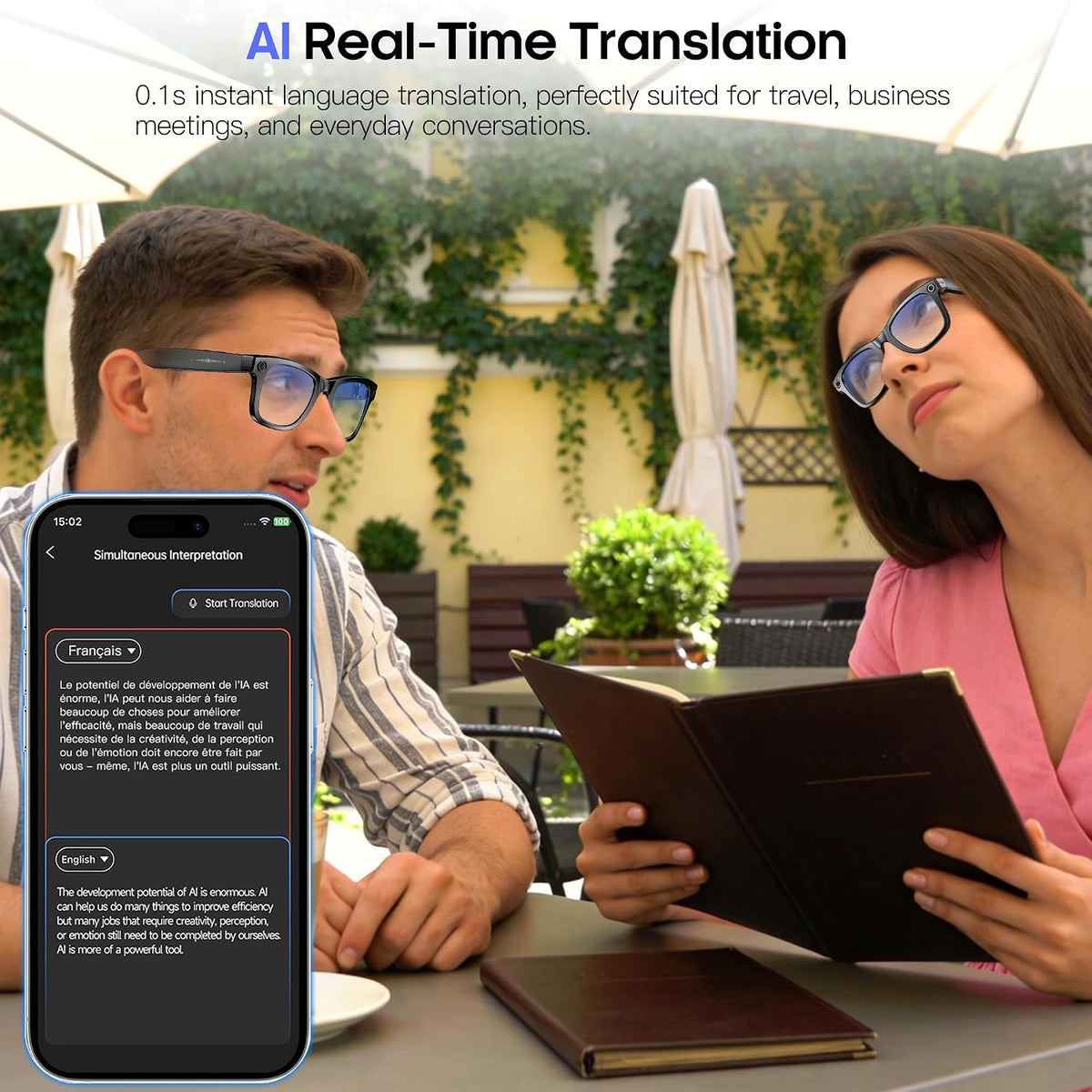 AI Smart Camera Glasses 8MP Camera for Women Men, 4K Photos & 1080P Video Recording,Anti-Shake, 12H Music/Bluetooth Calls, Real-Time Translation/Gpt Object Recognition (Anti-Blue Light)