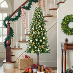 6FT Pre-Lit Pencil Christmas Tree, Artificial Slim Christmas Tree with LED Warm White Lights & Metal Stand,Realistic Xmas Tree Holiday Party Decoration for Indoor and Outdoor Use