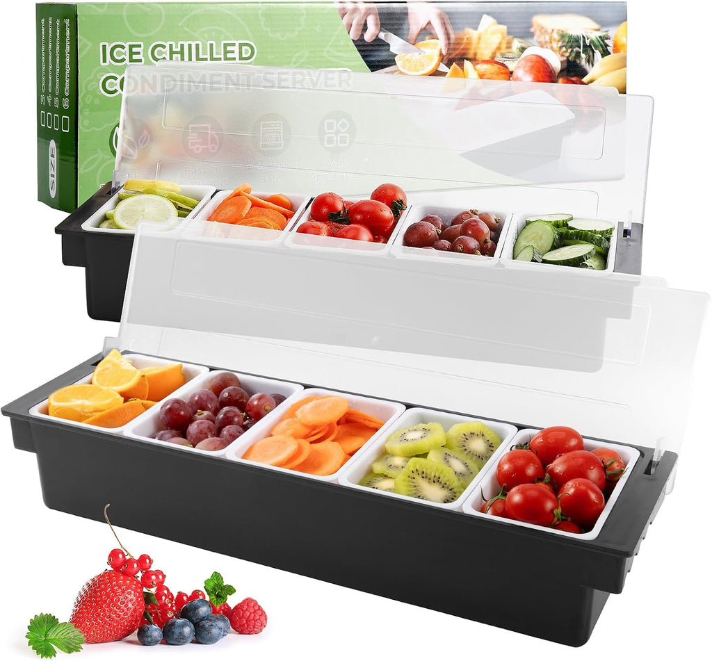 Ice Chilled Condiment Caddy with 5 Removable Trays and Lid, 2 Pack