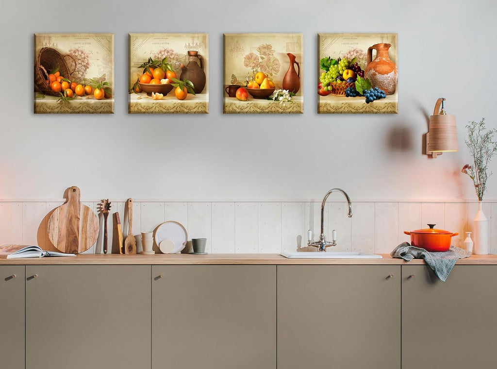 Vintage Fruit Canvas Wall Art Decor, 4-Piece Rustic Kitchen Set 12X12In | Fade-Resistant Waterproof Canvas,Solid Wood Inner Frame,Pre-Installed Hooks,Seamless Nails Included,Easy Wipe-Clean Surface