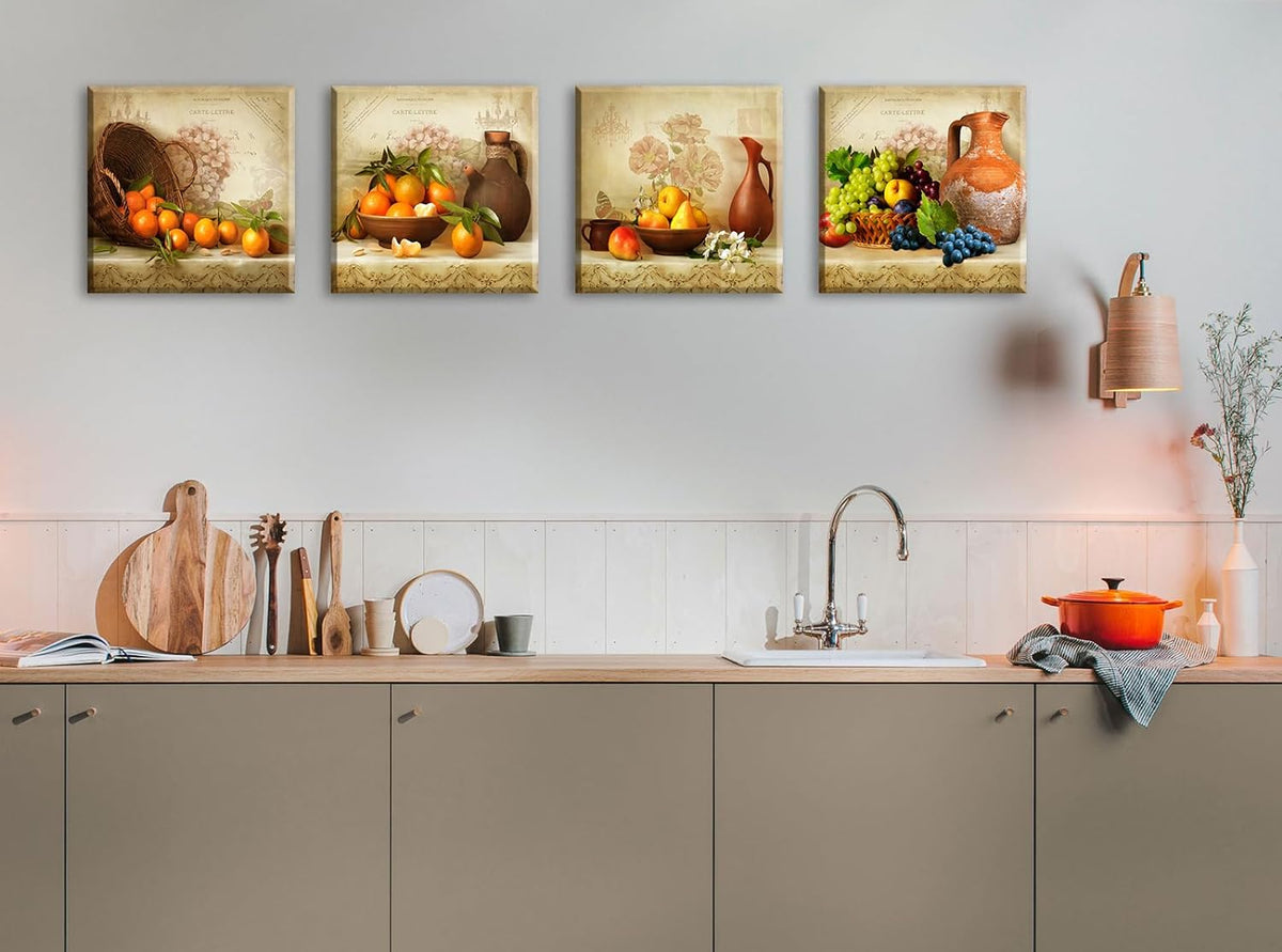 Vintage Fruit Canvas Wall Art Decor, 4-Piece Rustic Kitchen Set 12X12In | Fade-Resistant Waterproof Canvas,Solid Wood Inner Frame,Pre-Installed Hooks,Seamless Nails Included,Easy Wipe-Clean Surface