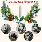 2Pack Christmas Wreaths for Front Door with Lights & Flickering LED Taper Candles & Remote, 16'' Windows Wreaths, Fireplace Christmas Decorations - Silver