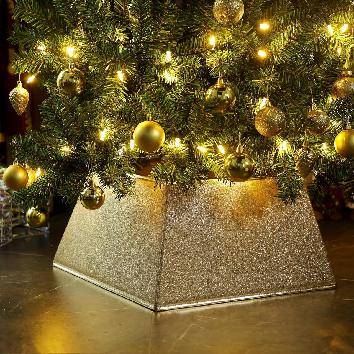 Fabric Christmas Tree Collar, Square Christmas Tree Ring, Glittering Willow Christmas Tree Skirt for Christmas Tree Decorations (Glitter Gold)