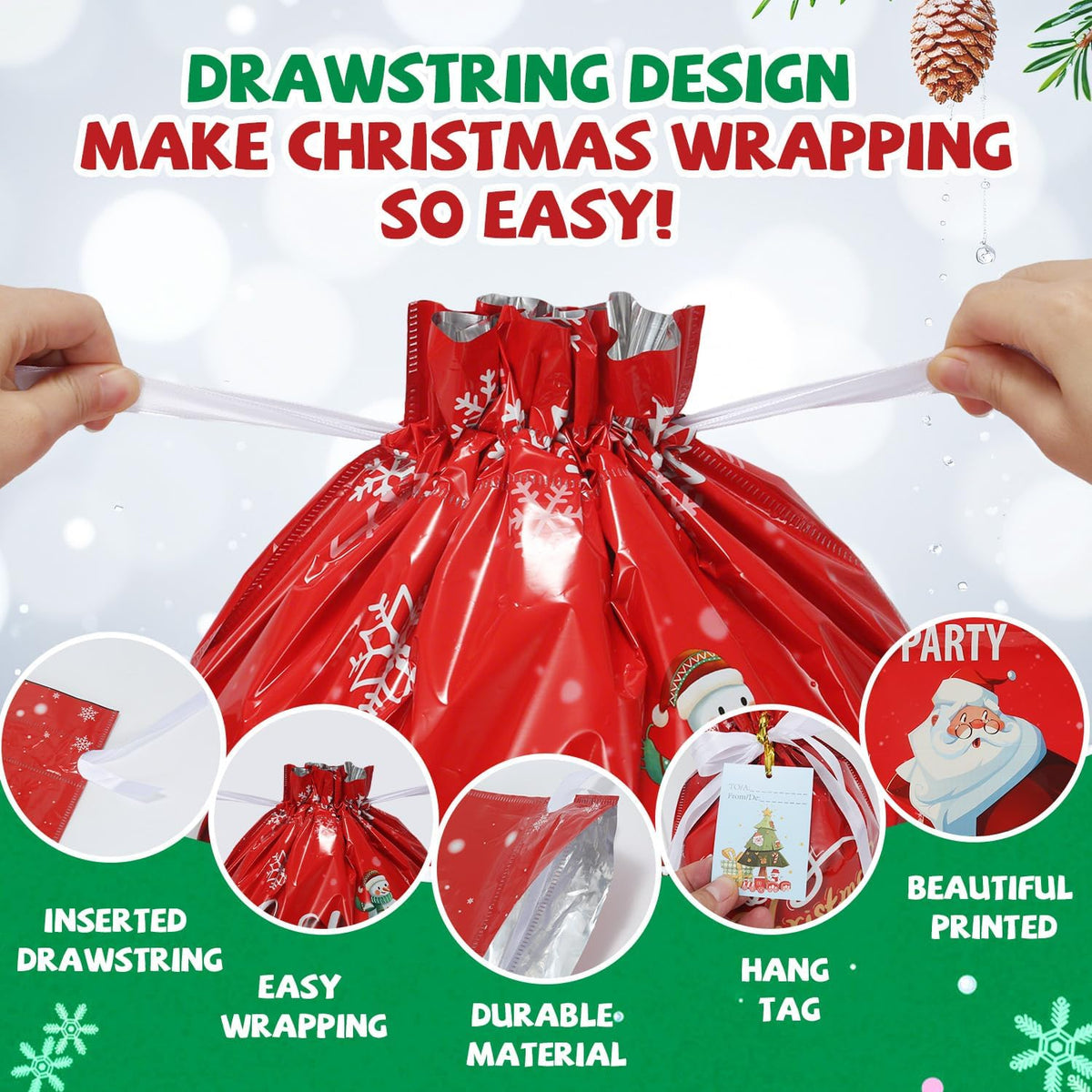 38PCS Christmas Gift Bags, Holiday Gift Bags Set with Tags, Christmas Drawstring Bags with Festive Patterns，Jumbo/Extra Large/Large/Medium/Small Size