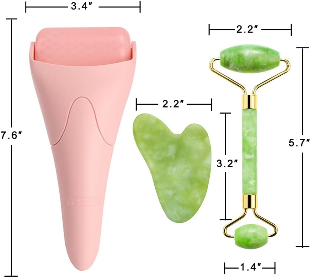 3-In-1 Natural Jade Roller and Gua Sha Set for Face and Eye Ice Roller Facial Cooling Massage Roller
