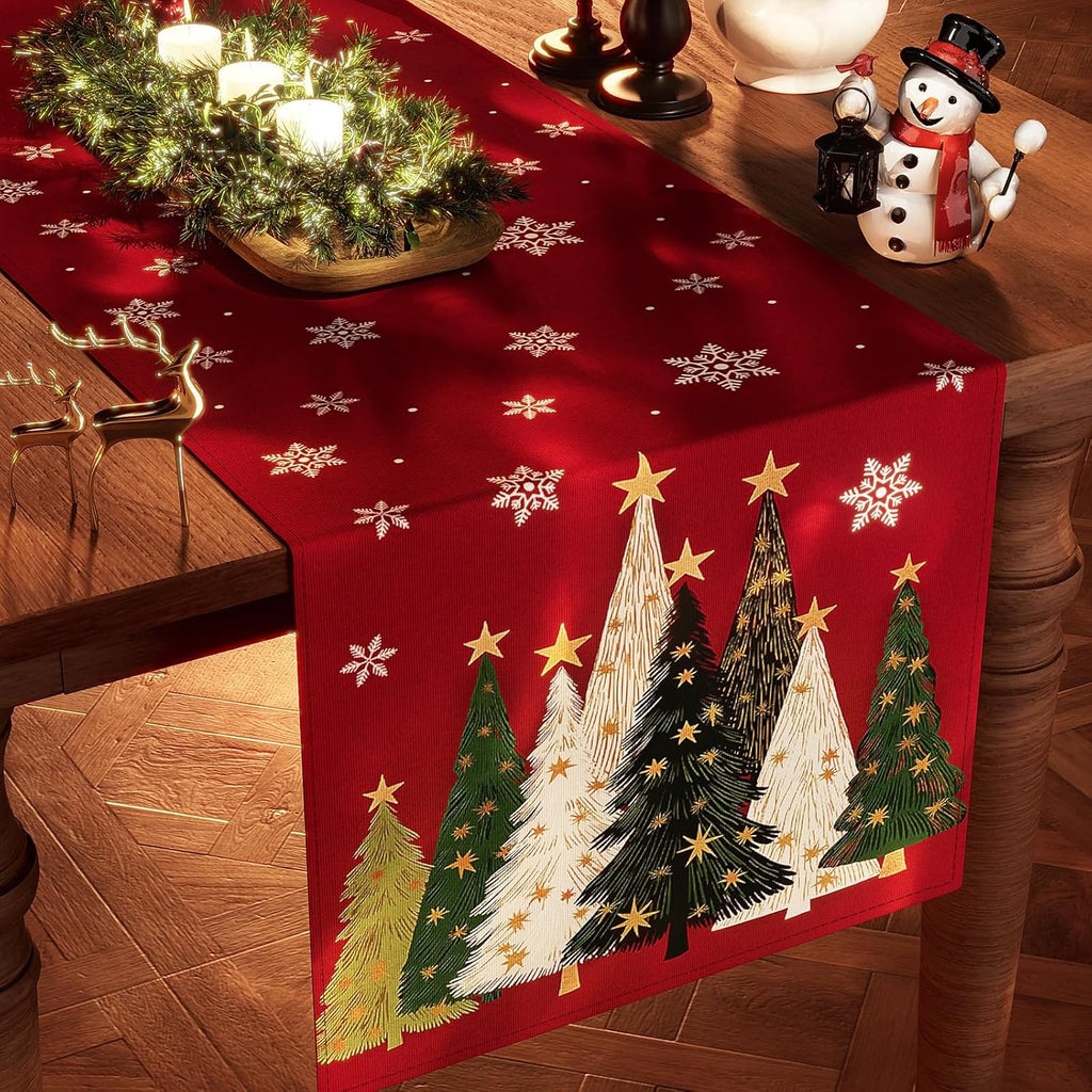 Red Christmas Table Runner with Snowflake Design