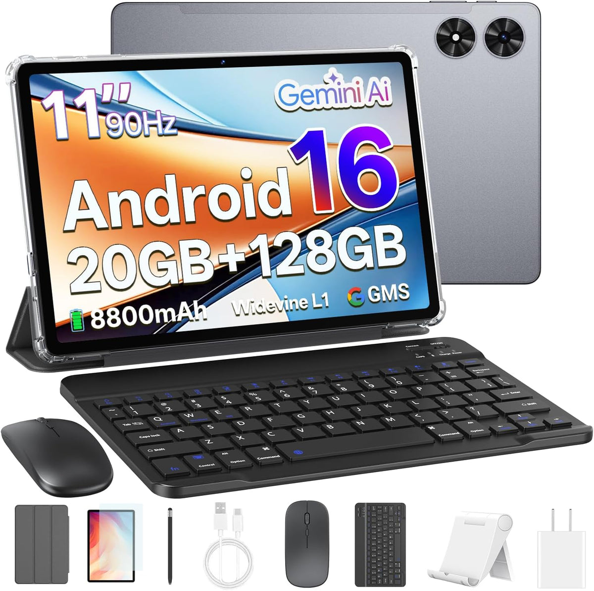 Tablet 11 Inch, Android 16 Tablet with Keyboard, Mouse & Stylus, Gray