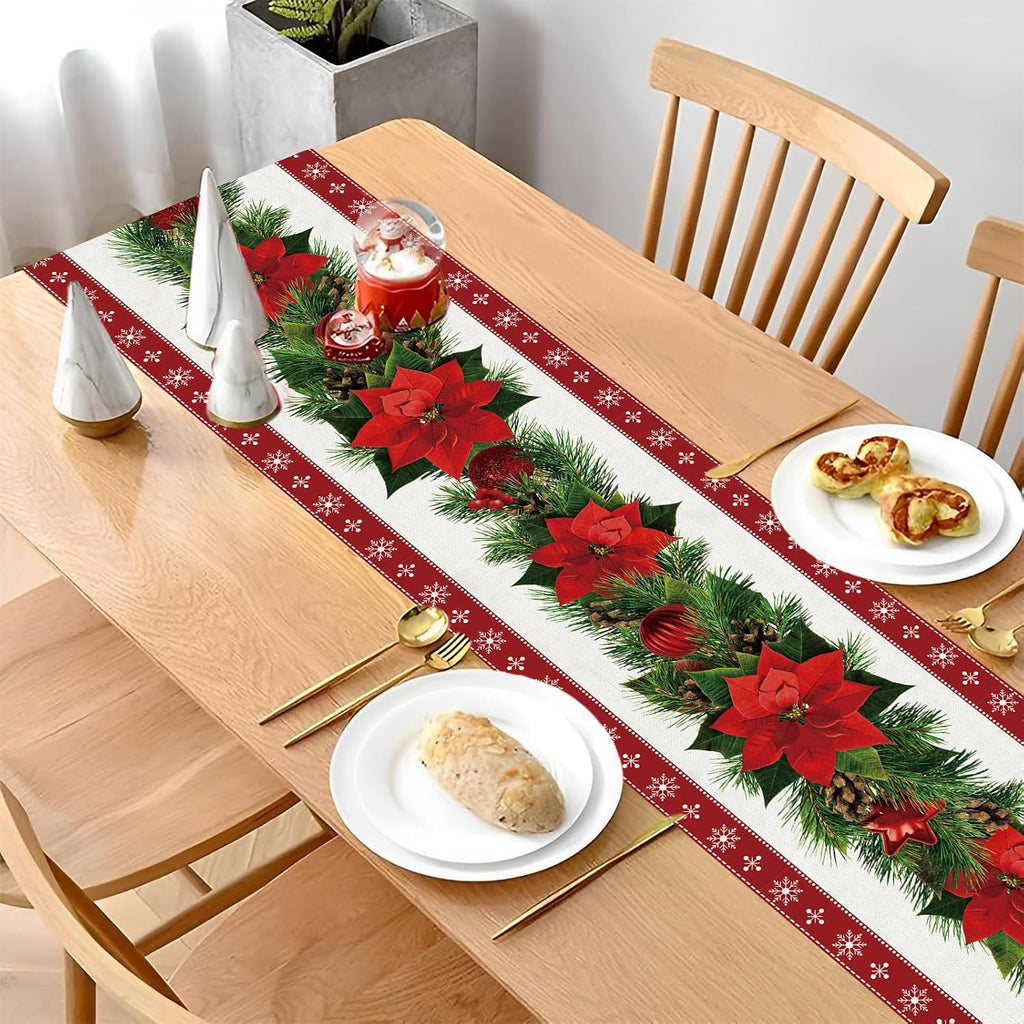 Watercolor Poinsettia Red Christmas Table Runner 13 X 72 Inch