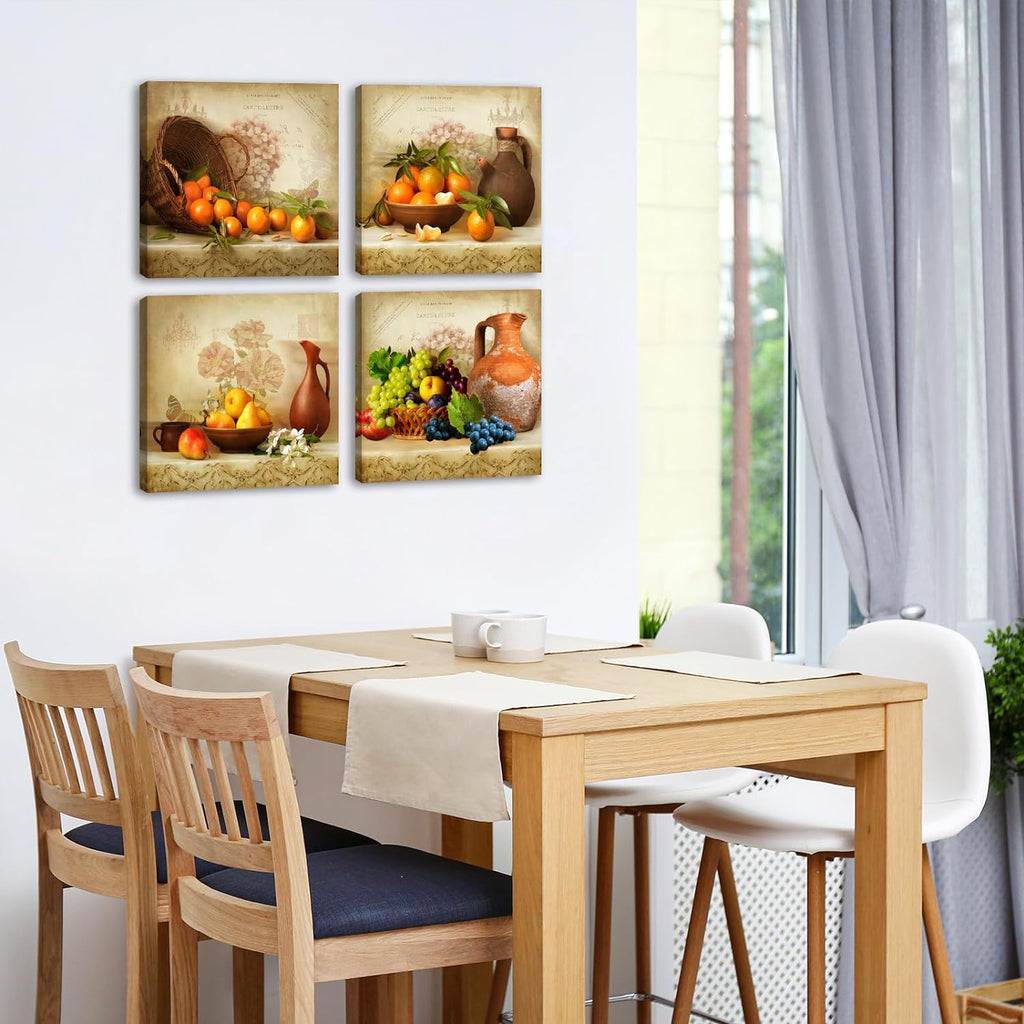Vintage Fruit Canvas Wall Art Decor, 4-Piece Rustic Kitchen Set 12X12In | Fade-Resistant Waterproof Canvas,Solid Wood Inner Frame,Pre-Installed Hooks,Seamless Nails Included,Easy Wipe-Clean Surface