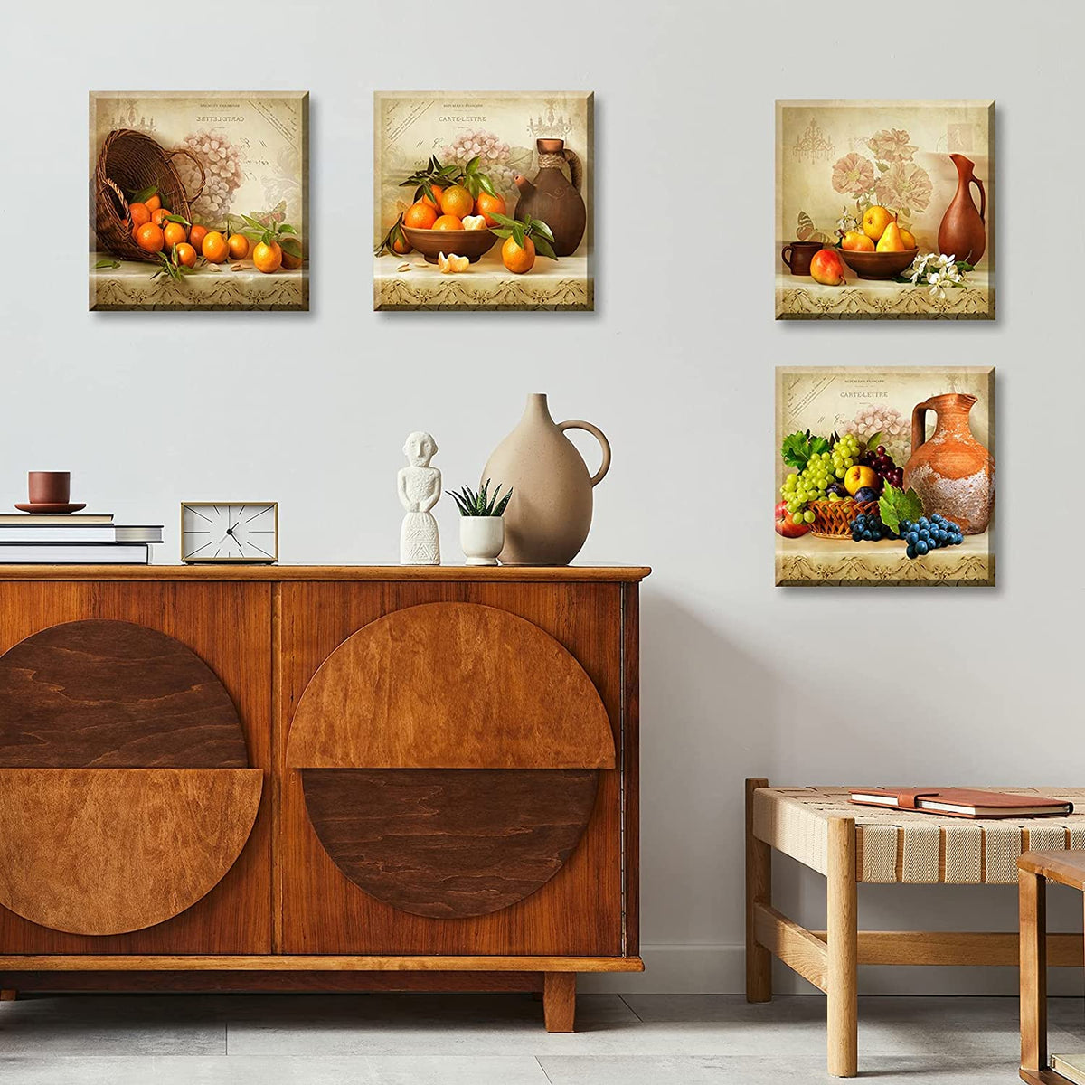 Vintage Fruit Canvas Wall Art Decor, 4-Piece Rustic Kitchen Set 12X12In | Fade-Resistant Waterproof Canvas,Solid Wood Inner Frame,Pre-Installed Hooks,Seamless Nails Included,Easy Wipe-Clean Surface