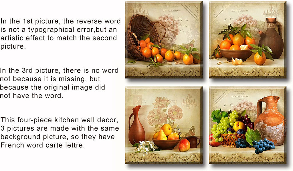 Vintage Fruit Canvas Wall Art Decor, 4-Piece Rustic Kitchen Set 12X12In | Fade-Resistant Waterproof Canvas,Solid Wood Inner Frame,Pre-Installed Hooks,Seamless Nails Included,Easy Wipe-Clean Surface