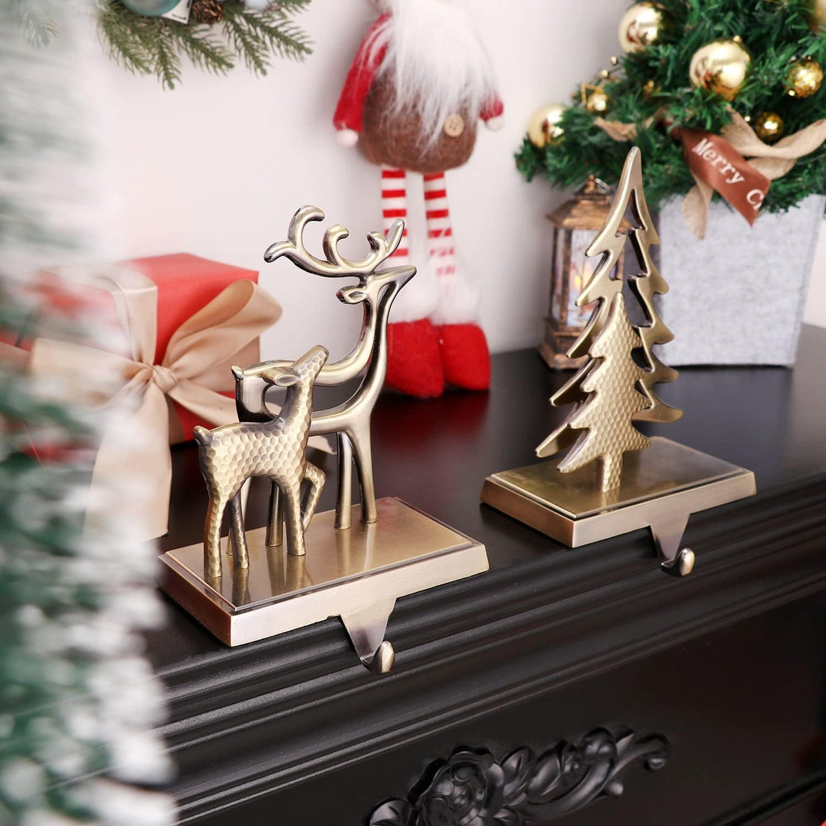 Christmas Stocking Holders for Mantle Set of 2 Christmas Stocking Hangers for Fireplace Anti-Slip Mantel Hanger Hooks for Stocking Hanging Ornament Firepiece Xmas Decor (Tree and Reindeer)