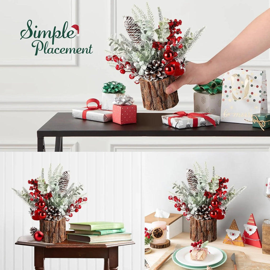 2Pack Small Christmas Tree with Christmas Ornaments Pine Cone Berry, Small Xmas Tree for Christmas Decorations Indoor Outdoor(Red-Round)