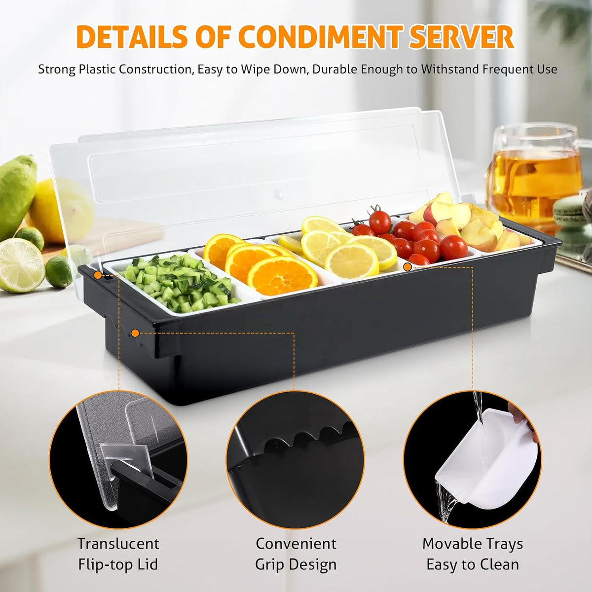 Ice Chilled Condiment Caddy with 5 Removable Trays and Lid, 2 Pack